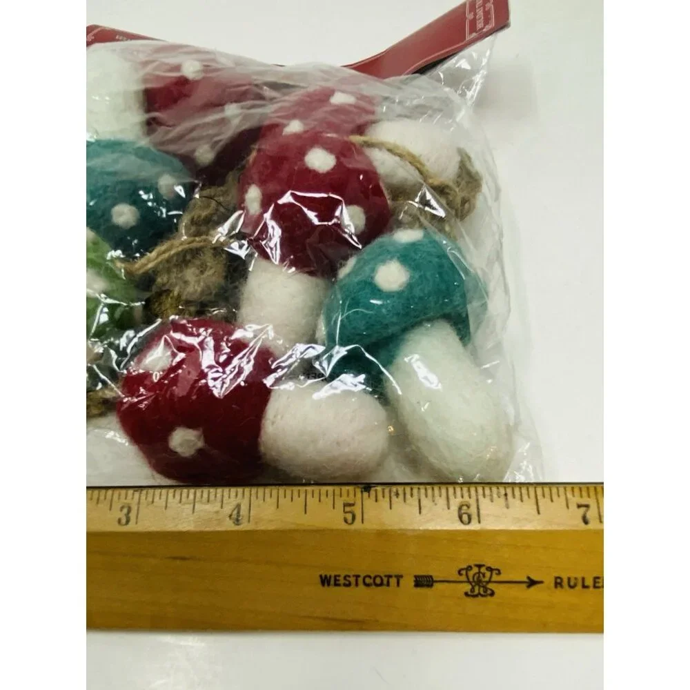 WORLD MARKET Felted Wool Mushroom Garland Teal Red Green From Nepal 48” NEW
